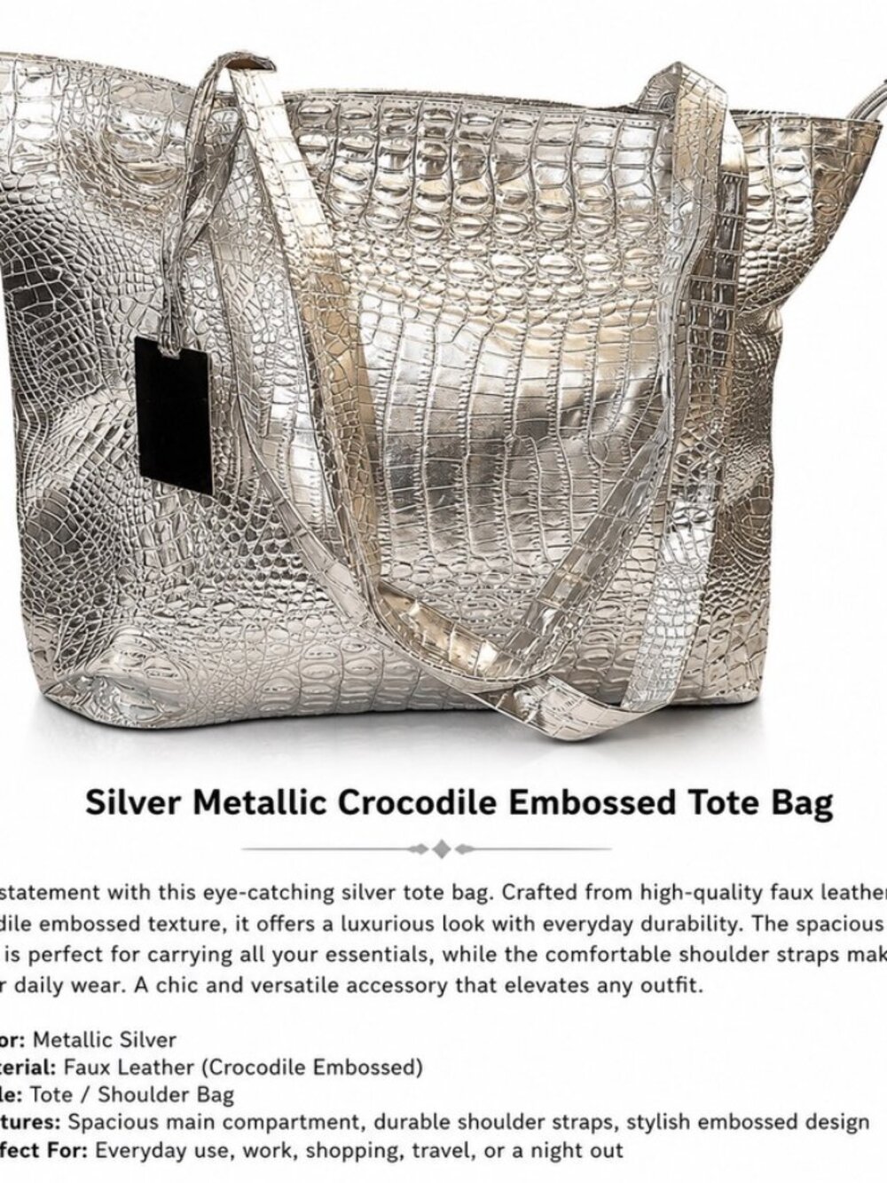 Silver Metallic Crocodile Embossed Tote Bag